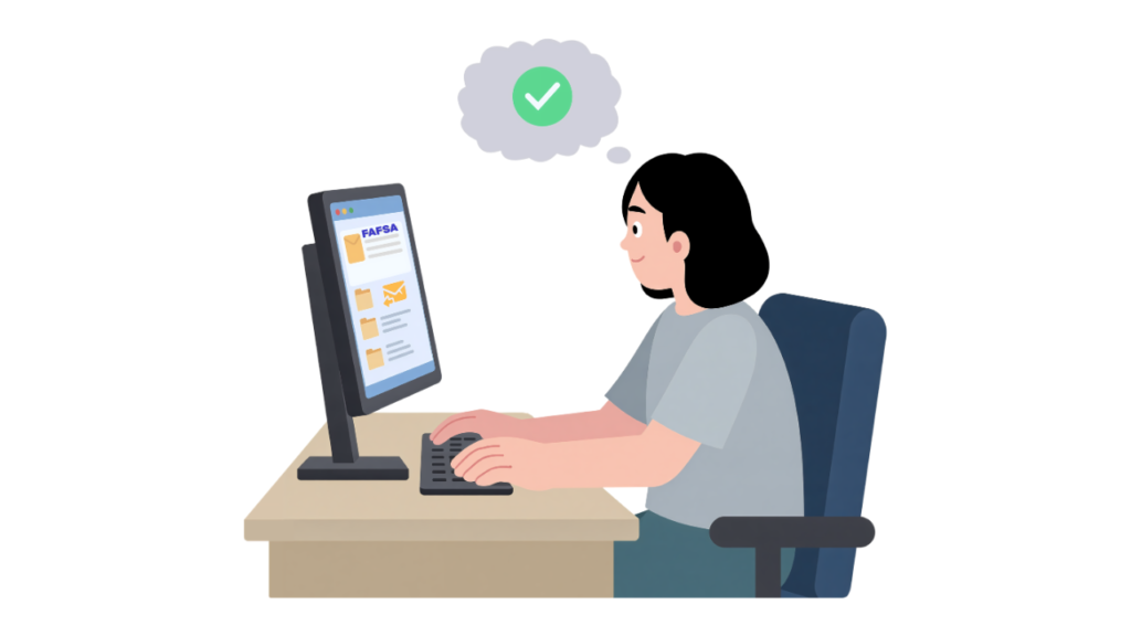 Image of a young woman seated at a desk in front of a computer, working on the FAFSA online form.
